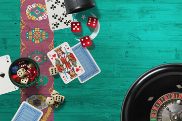 Turkmenistan casino theme. Aces in poker game, cards and chips on red table with national wooden flag background. Gambling and betting.