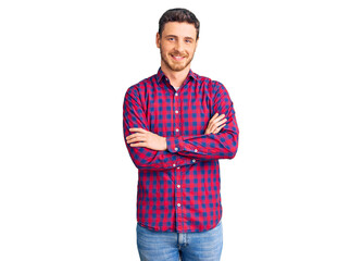 Fototapeta premium Handsome young man with bear wearing casual shirt happy face smiling with crossed arms looking at the camera. positive person.
