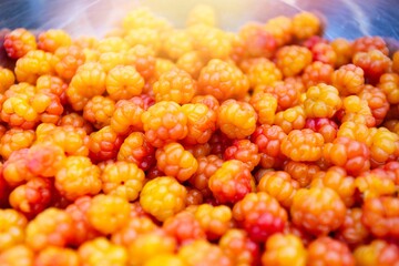 Fototapeta premium Cloudberries, fresh from the forest. Close up. Healthy diet. Collecting forest ripe cloudberries from the forest. Summer berry. The view from the top.