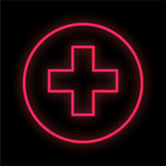 Bright luminous red medical digital neon sign for a pharmacy or hospital store beautiful shiny with an ambulance sign with a cross on a black background. Vector illustration