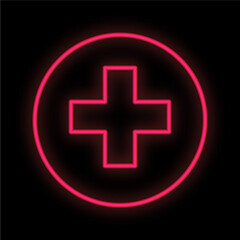 Obraz premium Bright luminous red medical digital neon sign for a pharmacy or hospital store beautiful shiny with an ambulance sign with a cross on a black background. Vector illustration