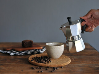 Moka pot coffee maker and coffee cup, steel italian espresso coffee pot