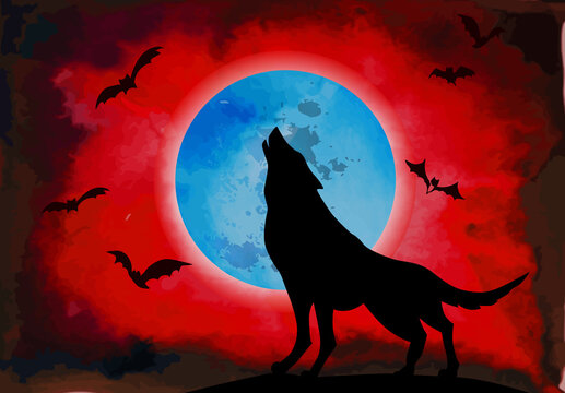 Wolf howls at the moon. Happy Halloween. Vector illustration
