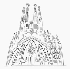Barcelona Sagrada Familia illustration. Outline hand drawn sketch