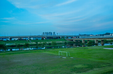 Landscape of river park at blue hour