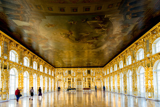 PUSHKIN, RUSSIA - OCT 25, 2012: Ball room of the Catherine Palace, Rococo palace in Tsarskoe Selo, Russia. It was the residence of the Russian Tsars
