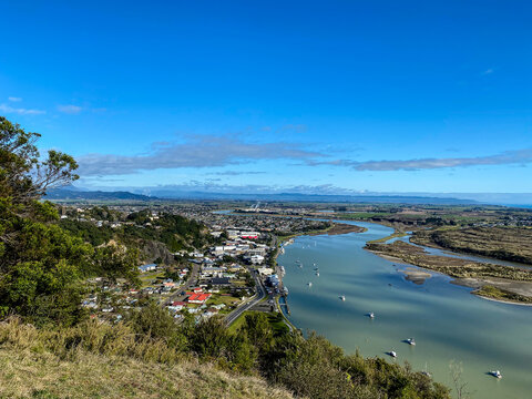 View of Whakatane town from Puketapu Lookout at Whakatane town in Bay of Plenty, New Zealand