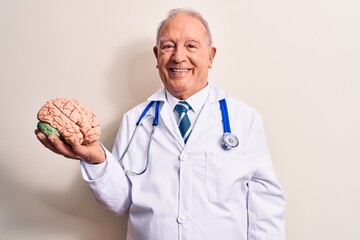 Senior grey-haired doctor man wearing stethoscope asking for care memory holding brain looking...