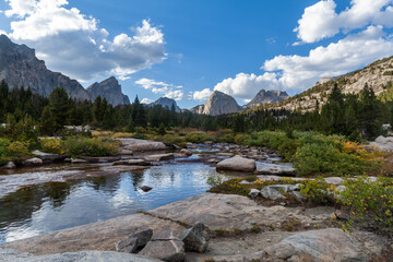The East Fork River in the Wind River Range of Wyoming. Left to right, Ambush Peak, Raid Peak and...