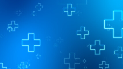 Medical health blue cross neon light shapes pattern background. Abstract healthcare technology and science concept.