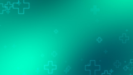 Medical health blue green cross neon light shapes pattern background. Abstract healthcare technology and science concept.