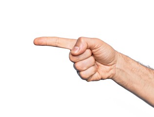 Hand of caucasian middle age man over isolated white background pointing with index finger to the side, suggesting and selecting a choice
