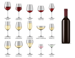 Wine glasses types, white and red wine alcohol drink cups, vector realistic mockup isolated set. Wine glasses shapes and types for Bordeaux, Shiraz, Chardonnay, martini and prosecco wine and champagne