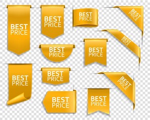 Golden banners, corners for web site, vector price ribbons, labels and tags. Best price golden banners for online shop and web store, bookmarks and tags, flags and curved ribbons for website
