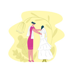 Vector flat illustration  seamstress, dressmaker who works with wedding dress. Concept ordering and sewing wedding dresses, prom dresses manually, individually, ateliers, clothing repairs.