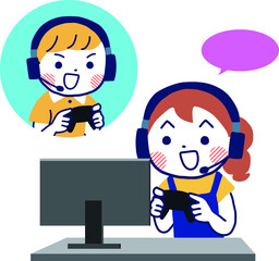 友達と通話しながらオンラインゲームを楽しむ女の子