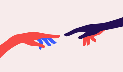 Two hands. The Creation of Adam. Design concept sign Creation of Adam. Silhouette hands of man and god. Modern flat illustration. Colorful contemporary art style. Vector Illustration