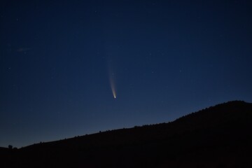 NEOWISE Comet technically known as C/2020 F3, rising on the Horizon in Utah, United States, taken just before dawn on July 12, 2020, from the Simpson Springs Pony Express Trail Station in the West Des