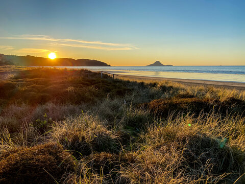 Ohope beach near Whakatane at sunset in New zealand