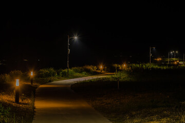 Night view of concrete walkway