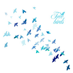 Blue swallows. Flying flock of birds. Mixed media. Free birds. Vector illustration