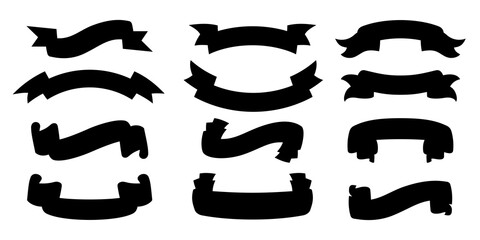 Ribbon silhouette set. Tape blank black glyph style collection, contour decorative icons. Vintage design ribbons sign. Web icon kit of text banner tapes. Isolated vector illustration