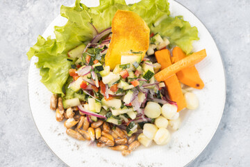 Top shot of a Vegetable Ceviche with Cucumber, Onion, Carrot, accompanied by Cancha Serrana and Crispy Banana, served in a white plate on a gray textured wooden background.