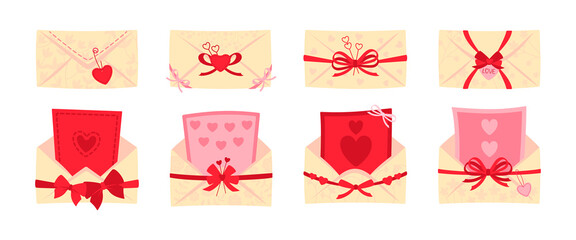 Festive envelope, postcard flat set. Valentine day or wedding envelopes for letters, decorated bows. Opened, closed mail cover. Cartoon newsletter, delivery of invitation. Isolated vector illustration