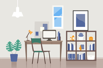 Vector illustration of the study room furniture. Freelance or studying concept. Concept for any telework illustration, free lance workers, workers at home.