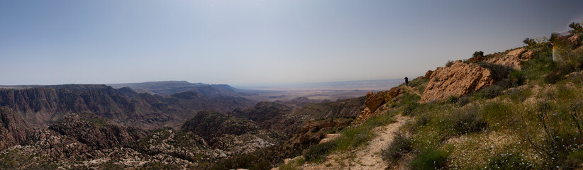 Panoramic view of Jordan's largest nature reserve known as Dana biosphere reserve. This location has unique limestone, granite and sandstone landscape home to incredible biodiversity.