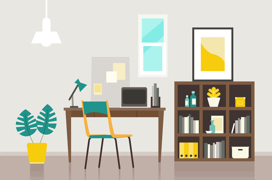 Vector illustration of the study room furniture. Freelance or studying concept. Concept for any telework illustration, free lance workers, workers at home.