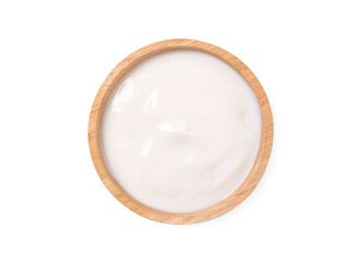 Top view ,Homemade yogurt in wooden bowl  isolated on white background.