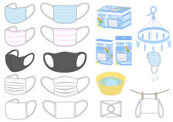 様々なマスクと洗濯のイラストセット