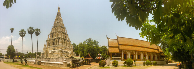 Panorama view of Wat Chedi Liam (Temple of the Squared Pagoda), the only ancient temple in the Wiang Kum Kam archaeological area that remains a working temple with resident monks, Chiang Mai, Thailand
