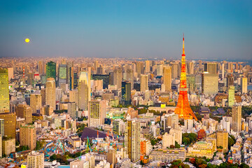 Naklejka premium Japanese Traveling Destinations. Amazing Breathtaking Tokyo Skyline at Blue Hour in Japan with Tokyo Tower in Foreground.