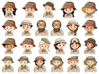Set of different characters of boys and girls scout costume on a white background