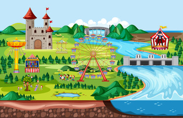 Amusement park with castle and many rides landscape scene