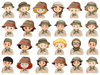 Set of different characters of boys and girls scout costume on a white background