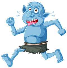 Blue goblin or troll running pose with funny face in cartoon character isolated
