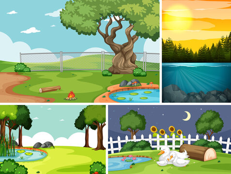 Four different scenes in nature setting cartoon style