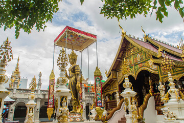 Beautiful art, religious places and religious objects in Myanmar mixed with Lanna style at Wat Ming Muang Buddhist temple, Chiang Rai, Thailand. Mixed Lanna and Burmese arts.