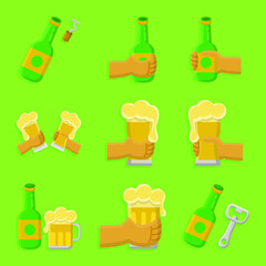 Icon Set Beer Bottle and Glass Flat Style. Beer And Wine Vector Illustration Cartoon Design