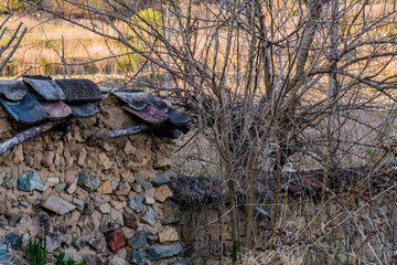 Mud brick wall with black tile roof in wooded area