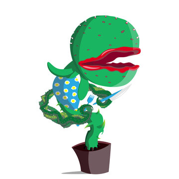 Venus flytrap in a pot with a knife and fork, with its mouth open.