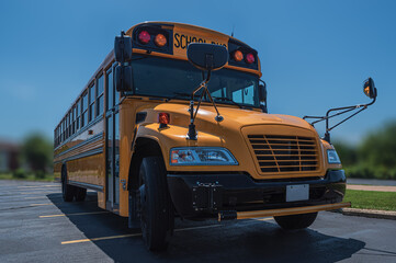 Low front right angle view of yellow American public school bus showing door with sun directly overhead casting a shadow down on the ground in summer.
