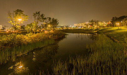 Night scene of lake side park in South Korea
