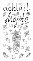 Set vector elements with ingredients for a strawberry Mojito cocktail . Hand drawn doodle.