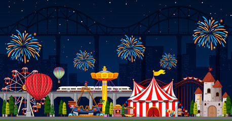 Amusement park scene at night with fireworks in the sky
