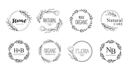 Collection of vector hand drawn floral logo templates with branches and flowers. Natural organic design concept with wreaths, frames and borders