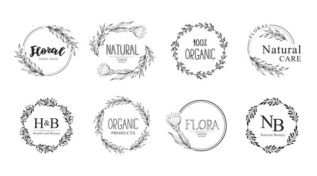 Collection of vector hand drawn floral logo templates with branches and flowers. Natural organic design concept with wreaths, frames and borders